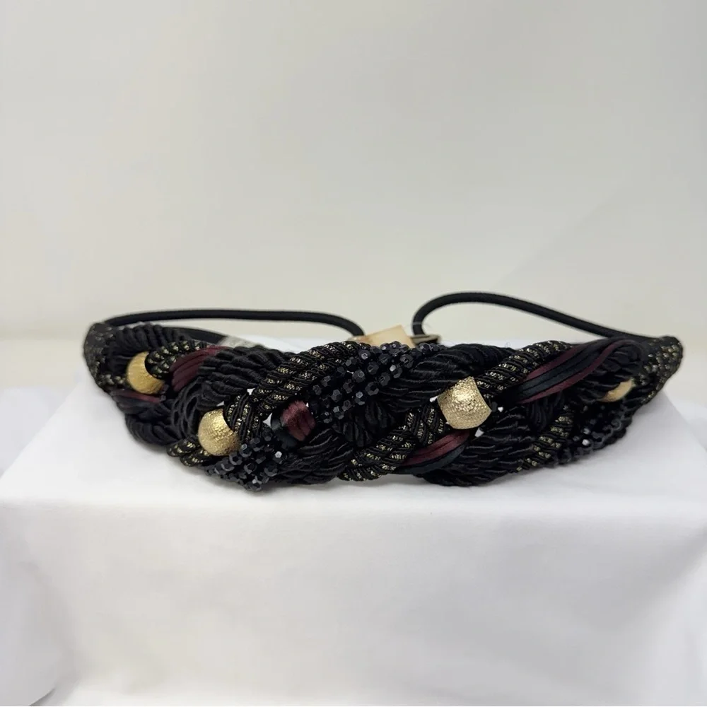 Vintage Braided Rope Belt Black Gold Beaded Statement Belt Boho